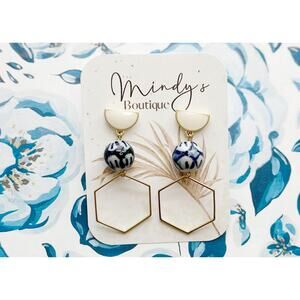 Handmade artisan dangle earrings /HAND-PAINTED PORCELAIN BEADS MATTE GOLD-PLATED